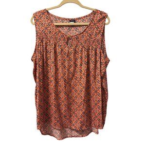 Basic EDITIONS Womens Too Sz XL Sleeveless Blouse Orange Navy Geometric Print  C
